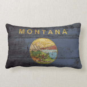 Montana State Flag on Old Wood Grain Lumbar Pillow