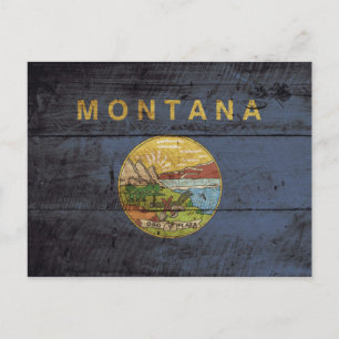 Montana State Flag on Old Wood Grain Postcard