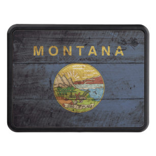 Montana State Flag on Old Wood Grain Trailer Hitch Cover