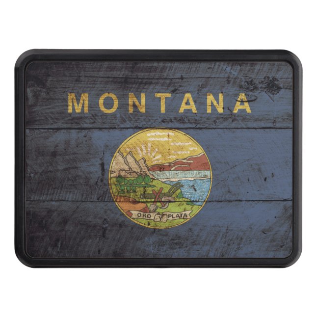 Montana State Flag on Old Wood Grain Trailer Hitch Cover (Front)
