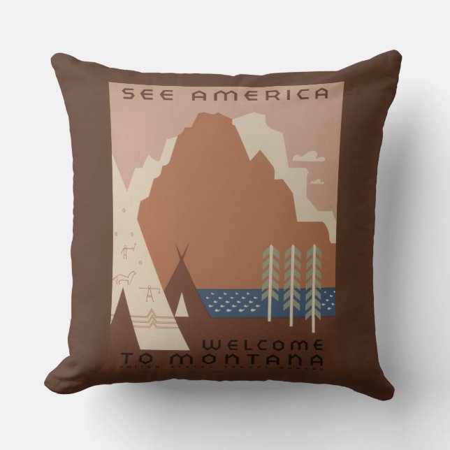 Montana State: Indian Tribes, Mountains, Prairie Throw Pillow (Front)