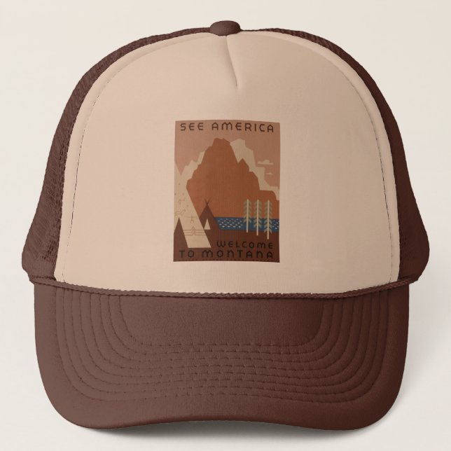 Montana State: Indian Tribes, Mountains, Prairie Trucker Hat (Front)