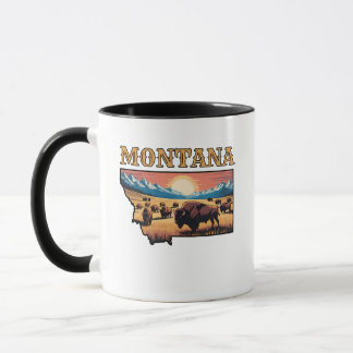Montana State Outline Tattoo Bison & Mountains Mug