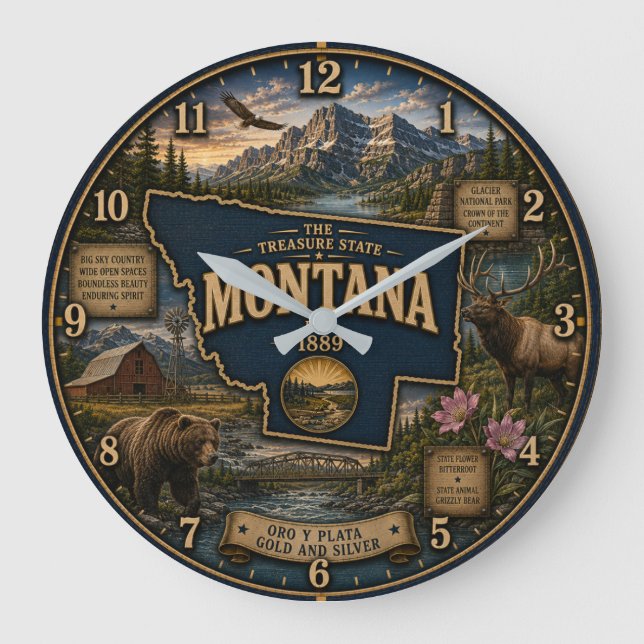 Montana State Treasure State Mountain  Wildlife Large Clock (Front)