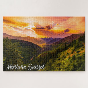Montana Sunset Mountain Valley River and Trees Jigsaw Puzzle