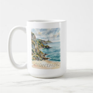Montauk Lighthouse Watercolor Beach Scene Sandy  Coffee Mug