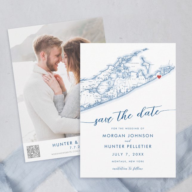 Montauk Long Island Map Minimal Modern Navy Blue  Save The Date (Montauk Long Island Map Wedding Save the Date in Modern Minimal Navy Blue from Coastal Map Designs)