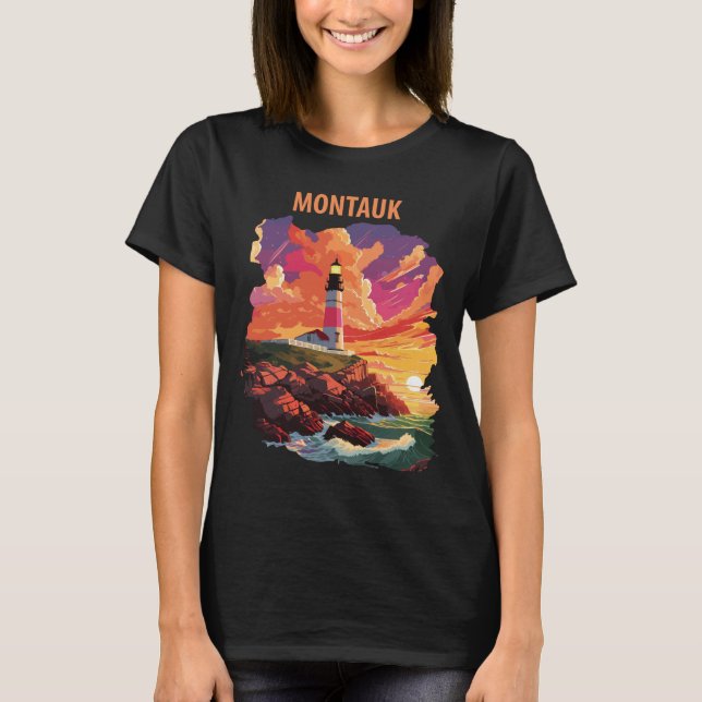 Montauk New York Lighthouse Retro Travel T-Shirt (Front)