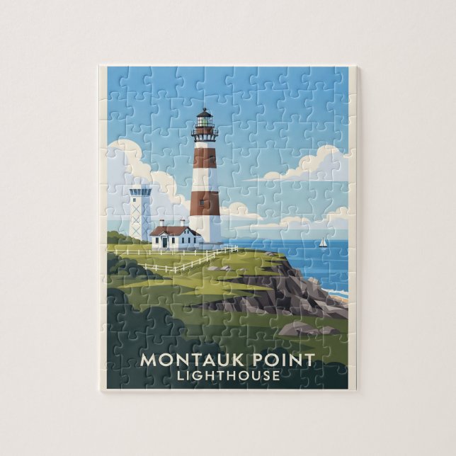 Montauk Point Lighthouse, Coastal Cliff & Sailboat Jigsaw Puzzle (Vertical)