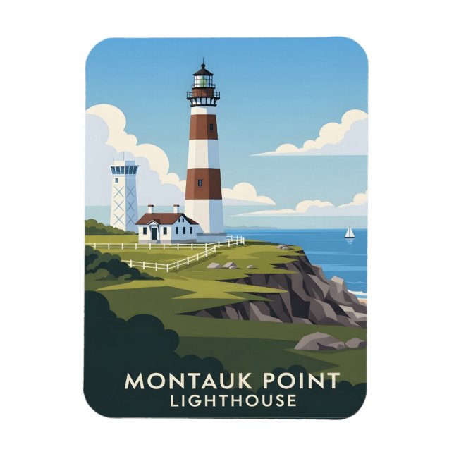 Montauk Point Lighthouse, Coastal Cliff & Sailboat Magnet (Vertical)
