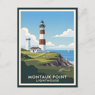 Montauk Point Lighthouse, Coastal Cliff & Sailboat Postcard
