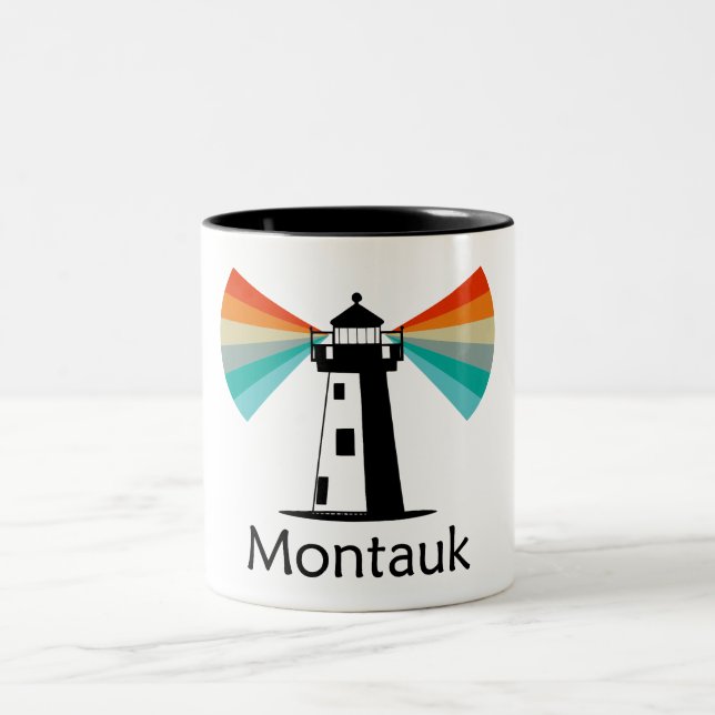 Montauk Point New York Lighthouse Rainbow Two-Tone Coffee Mug (Center)
