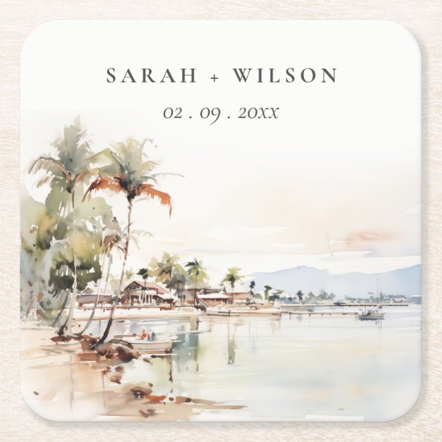 Montego Bay Jamaica Watercolor Landscape Wedding Square Paper Coaster (Front)