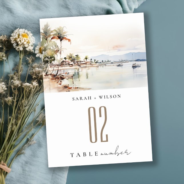 Montego Bay Jamaica Watercolor Landscape Wedding Table Number (Creator Uploaded)