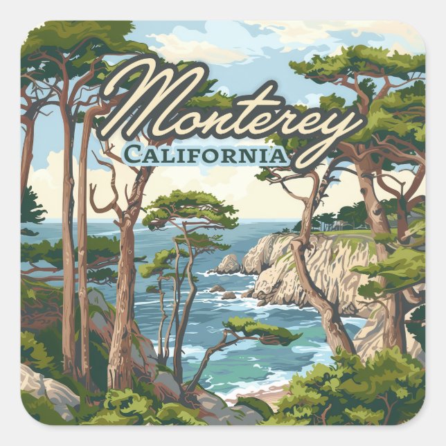 Monterey California Cypress Trees Ocean Coast Square Sticker (Front)