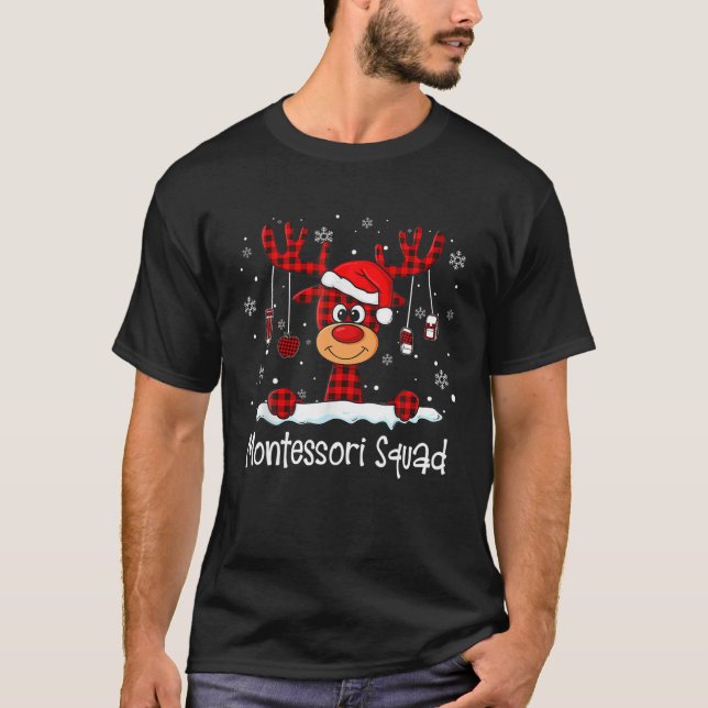 Montessori Squad Plaid Reindeer Santa Hat Teacher T-Shirt (Front)