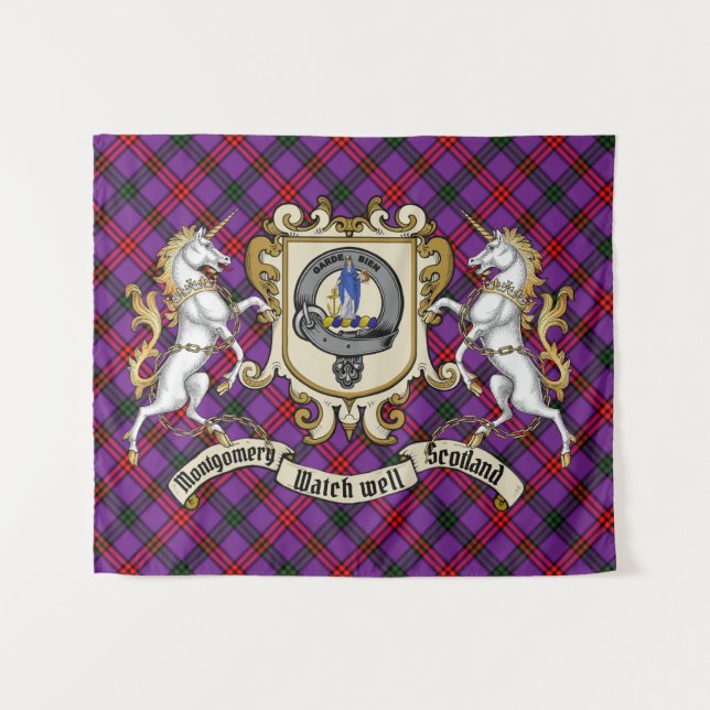 Montgomery Clan Badge & Unicorns w/Tartan  Tapestry (Front (Horizontal))