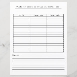 Monthly bill paying chart on stationery