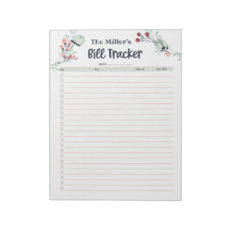 Monthly Bill Tracker in Cute Floral Style Notepad