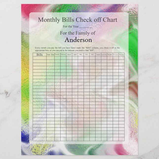Monthly Bills Check off Chart Fuzzy Colours Design (Front)