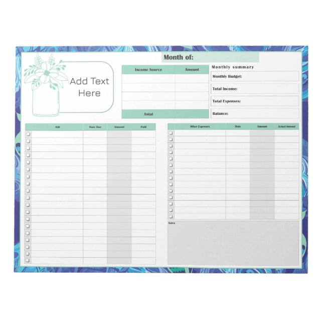 Monthly Budget and Bill Tracker Blue Green Notepad (Front)