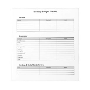 Monthly Budget Tracker Notepad