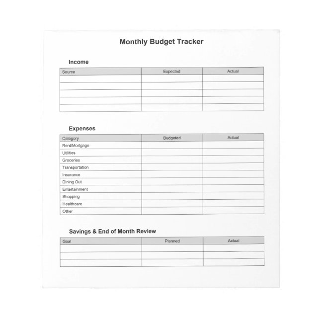 Monthly Budget Tracker Notepad (Front)