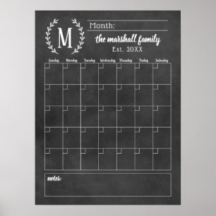 Monthly Family Calendar   Chalkboard Monogram Poster