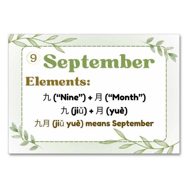 Months in Chinese (Flash Cards) Table Number (Front)