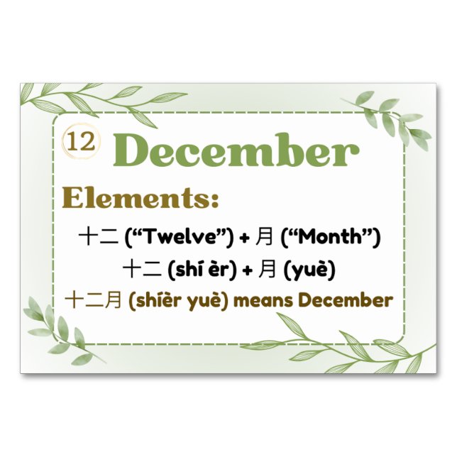 Months in Chinese (Flash Cards) Table Number (Front)