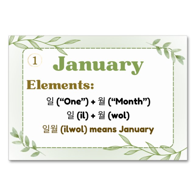 Months in Korean Hangul (Flash Cards) Table Number (Front)