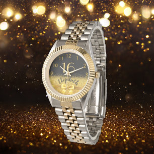 Montre 16e anniversaire noir or nom élégant arc