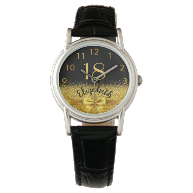 Montre 18e anniversaire or noir élégant nom d'arc (devant)