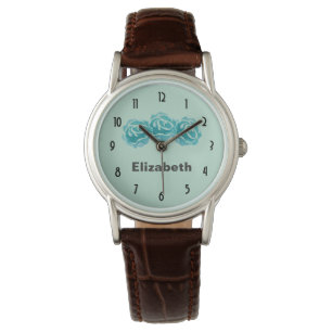 Montre 3 Roses Turquoises d'aquarelle sur fond vert de la