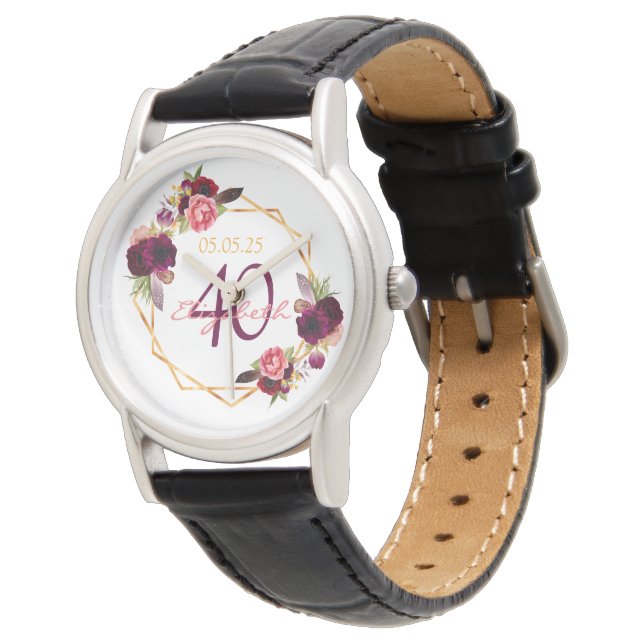 Montre 40e anniversaire blanc fleuri or nom géométrique (Incliné)