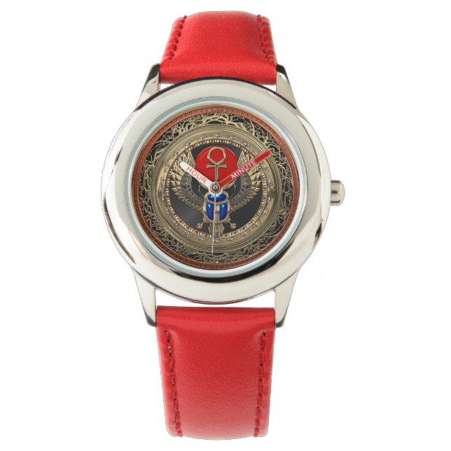 Montre [500] Scarab en or sacré égyptien ailé avec Ankh (devant)