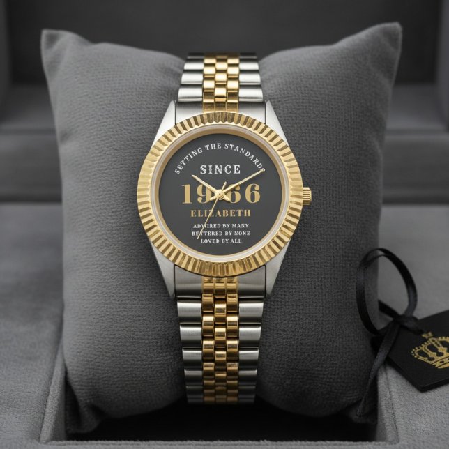 Montre 60th Birthday 1966 Elegant Black White Chic (Born 1966 birthday watch on a dark display cushion.)