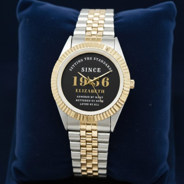 Montre 70th Birthday 1956 Elegant Black White Chic (Born 1956 birthday watch on a blue background.)