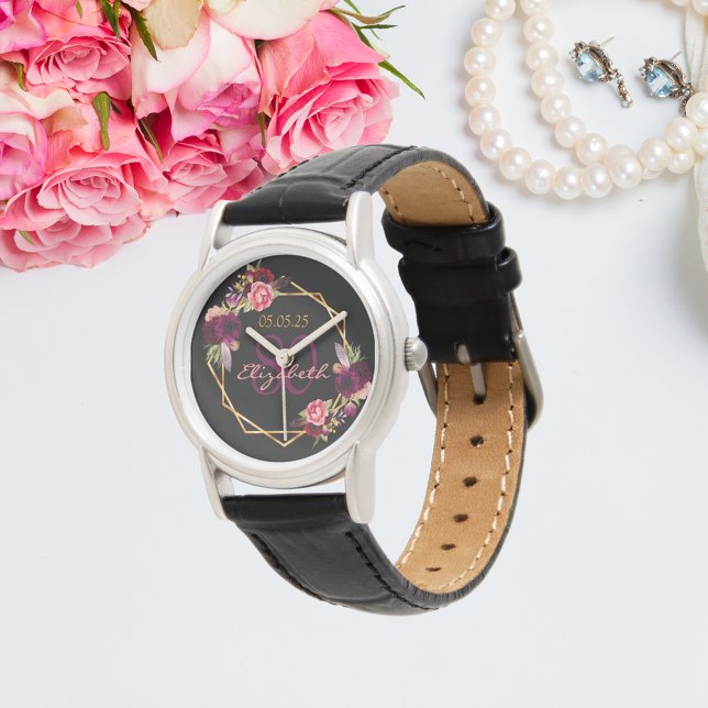 Montre 80e anniversaire noir floral or géométrique bordea (Créateur téléchargé)