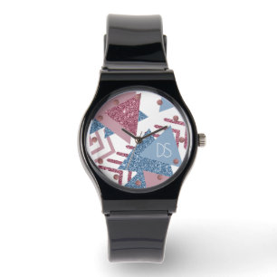 Montre 80s Abstrait lunaire Dusty rose et bleu personna