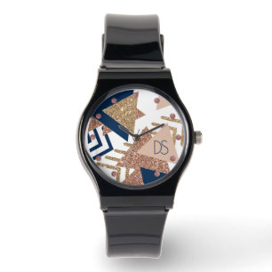 Montre 80s Abstrait tendance   Monogramme d'or marine et 