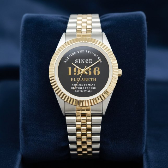 Montre 90th Birthday 1936 Elegant Black White Chic (Born 1936 birthday watch. Blue background.)