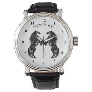 Montre à cheval noir droit - Texte personnalisé