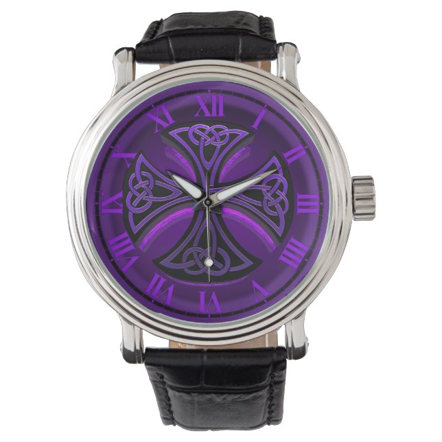 Montre à poignet de croix celtique noire et violet (devant)