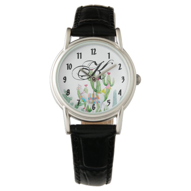Montre à poignet personnalisée Boho Llama Cactus b (devant)