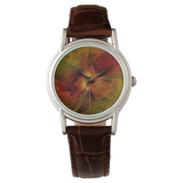 Montre Abstrait Rouge Orange Brown Vert Fractal Art Flowe (devant)