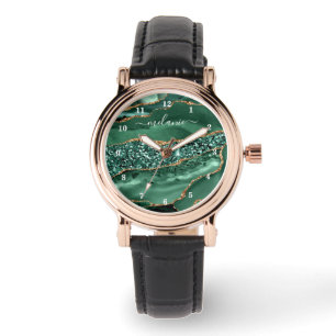 Montre Agate Green Gold Parties scintillant Geode Marbre 