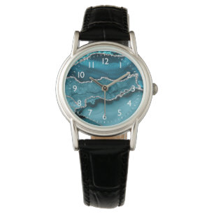 Montre Agate Marbrée Teal et Faux Argent