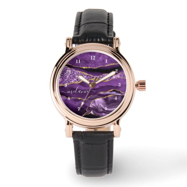 Montre Agate Violet Violet Or Glitter Geode Votre Nom (Recto)