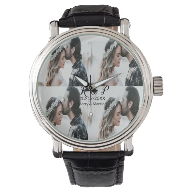 Montre Ajouter couple photo merisier marié ajouter date a (devant)